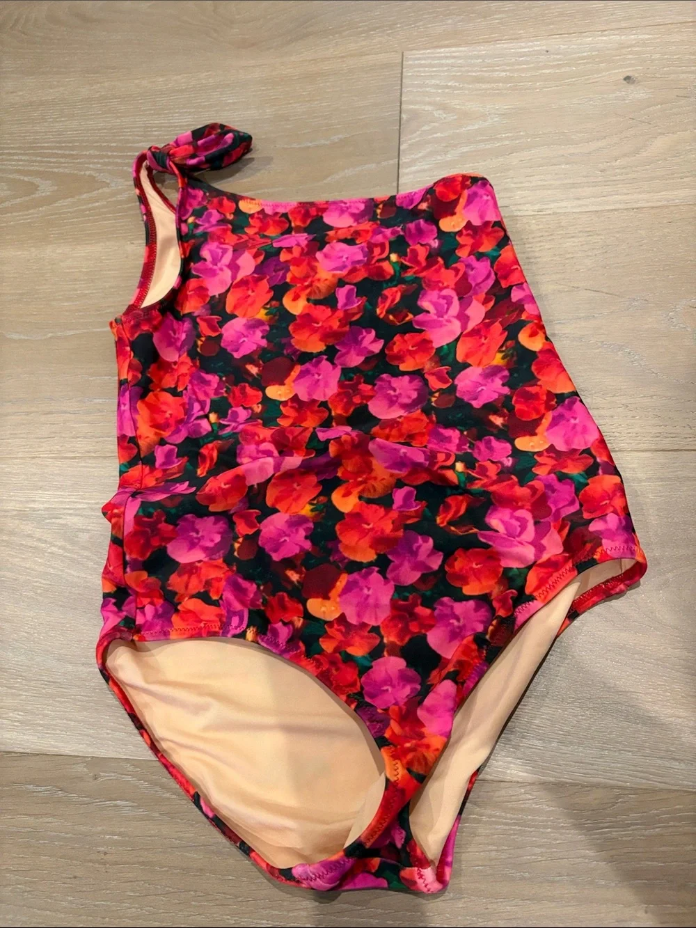 Crewcuts Girls Size 10 One-Shoulder Floral Swimsuit in Pink & Red.